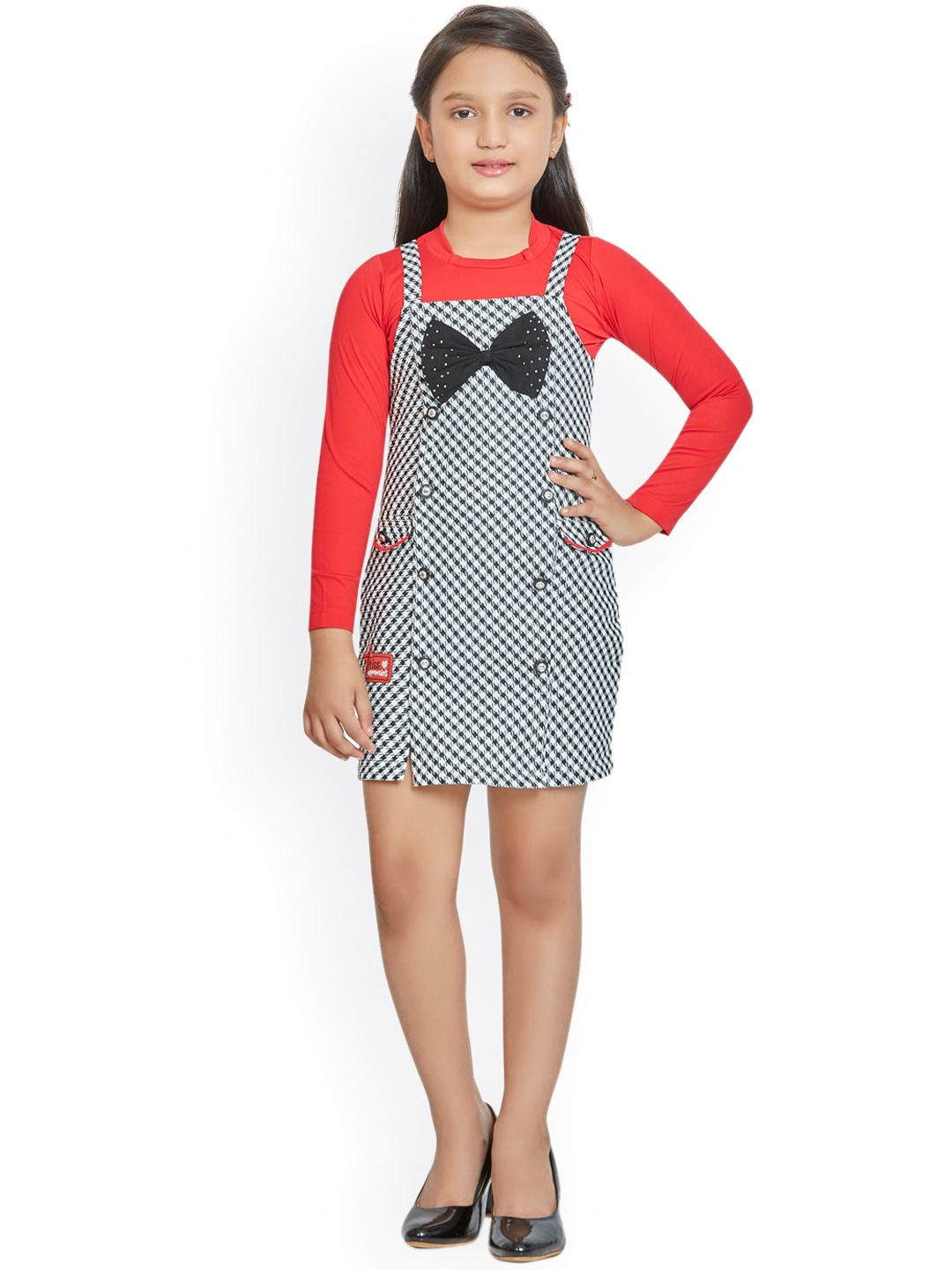 

Peppermint Girls Red & Black Checked Dungaree With T-shirt