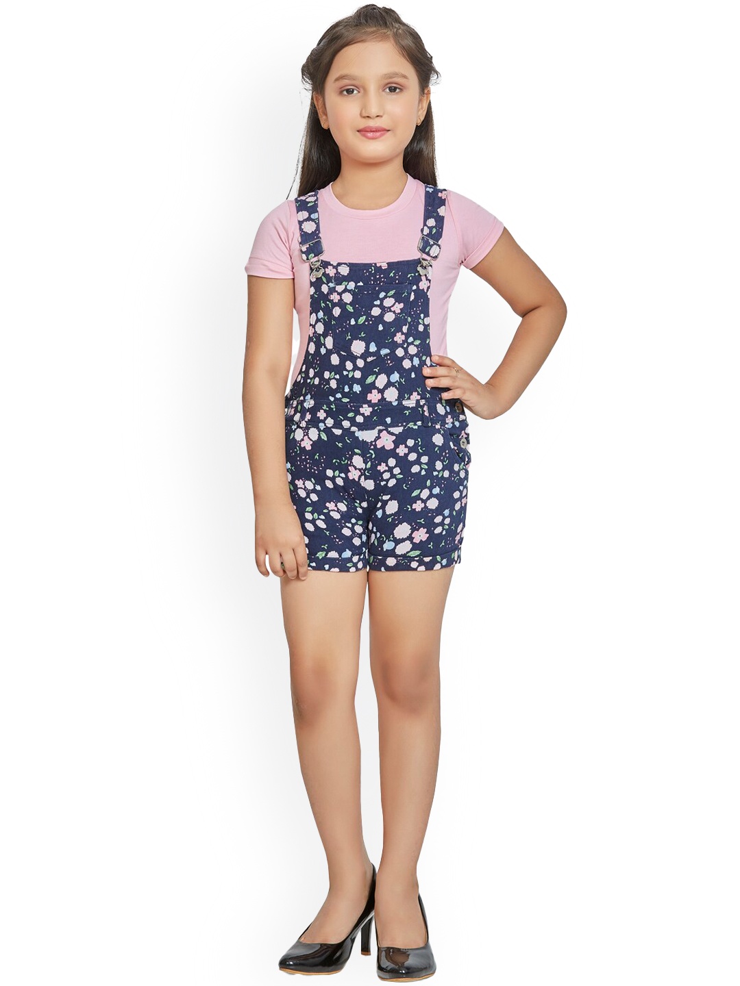 

Peppermint Girls Navy Blue & Pink Floral Printed Pure Cotton Dungaree With T-Shirt