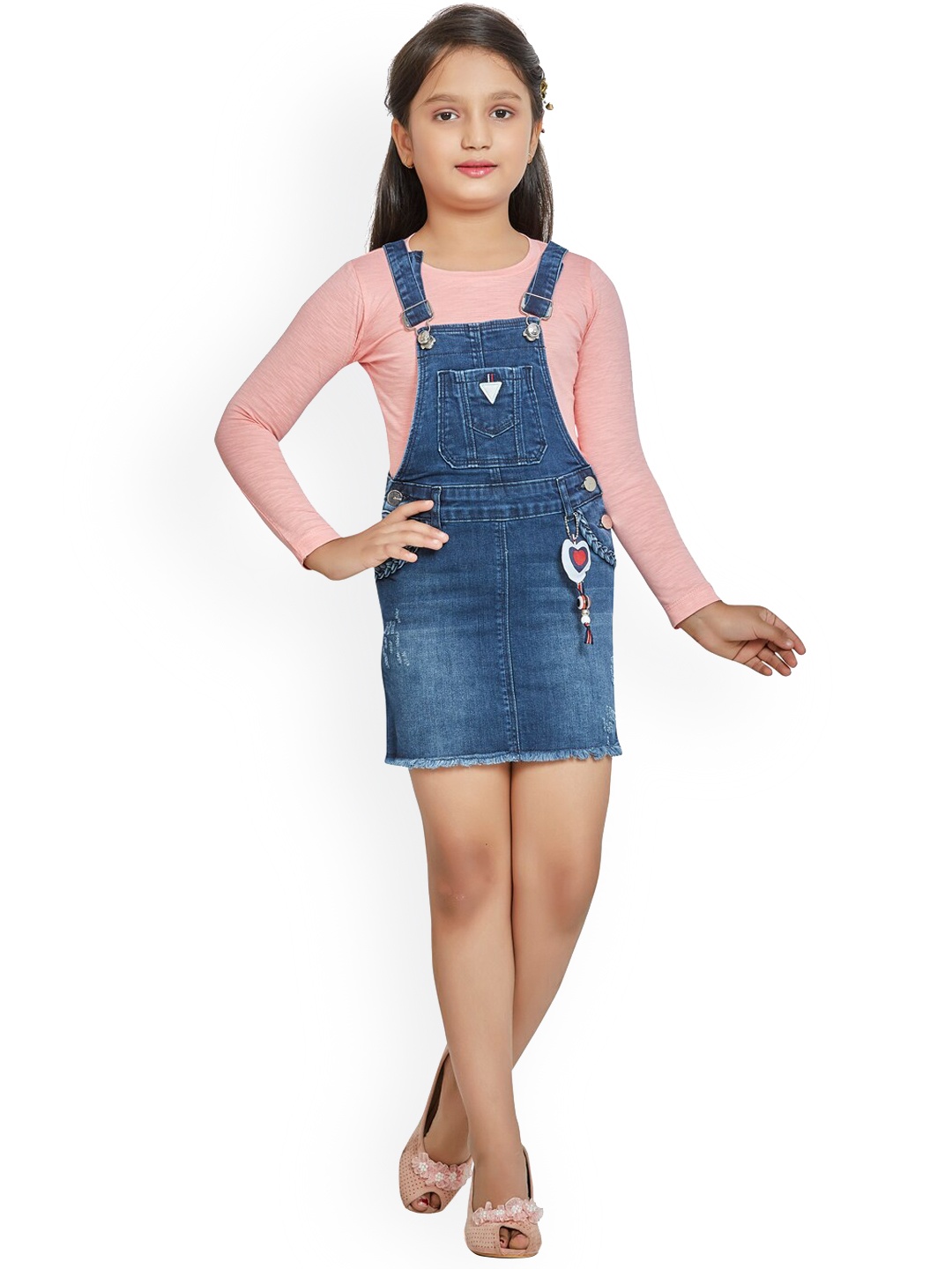 

Peppermint Girls Blue Solid Slim Fit Dungaree With Top