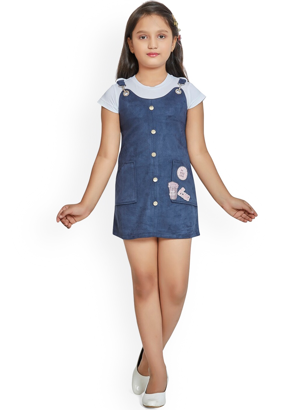 

Peppermint Girls White & Blue Solid Dungaree With T-Shirt