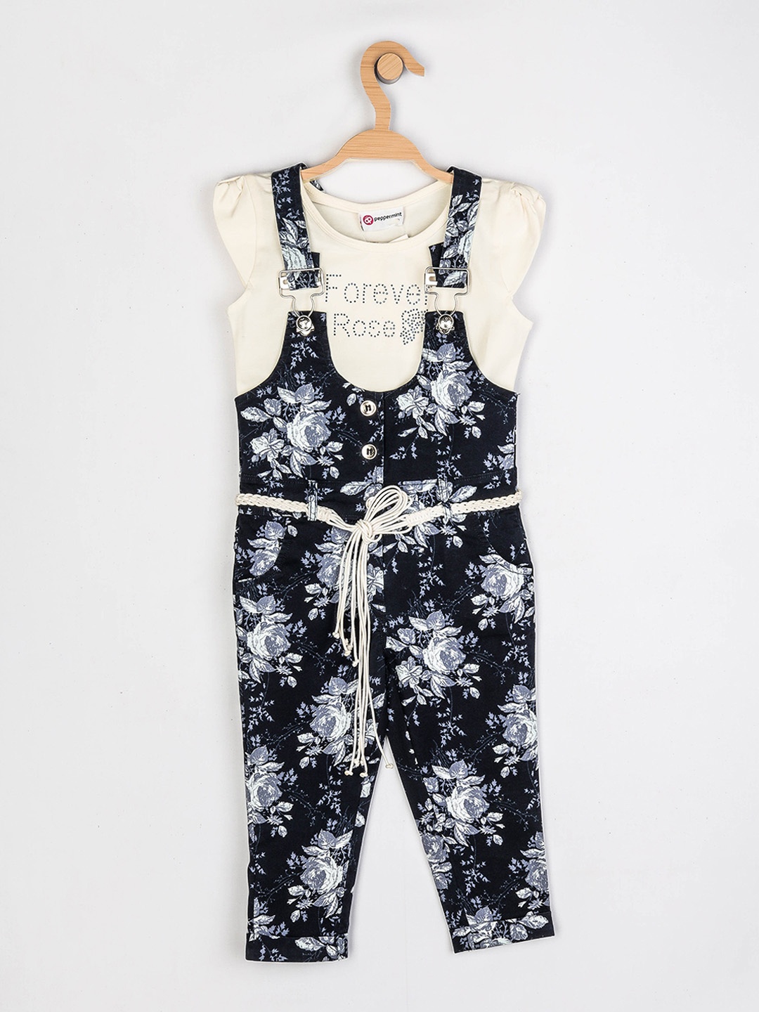 

Peppermint Kids Girls Navy Blue & Cream-Colored Printed Dungaree with Top