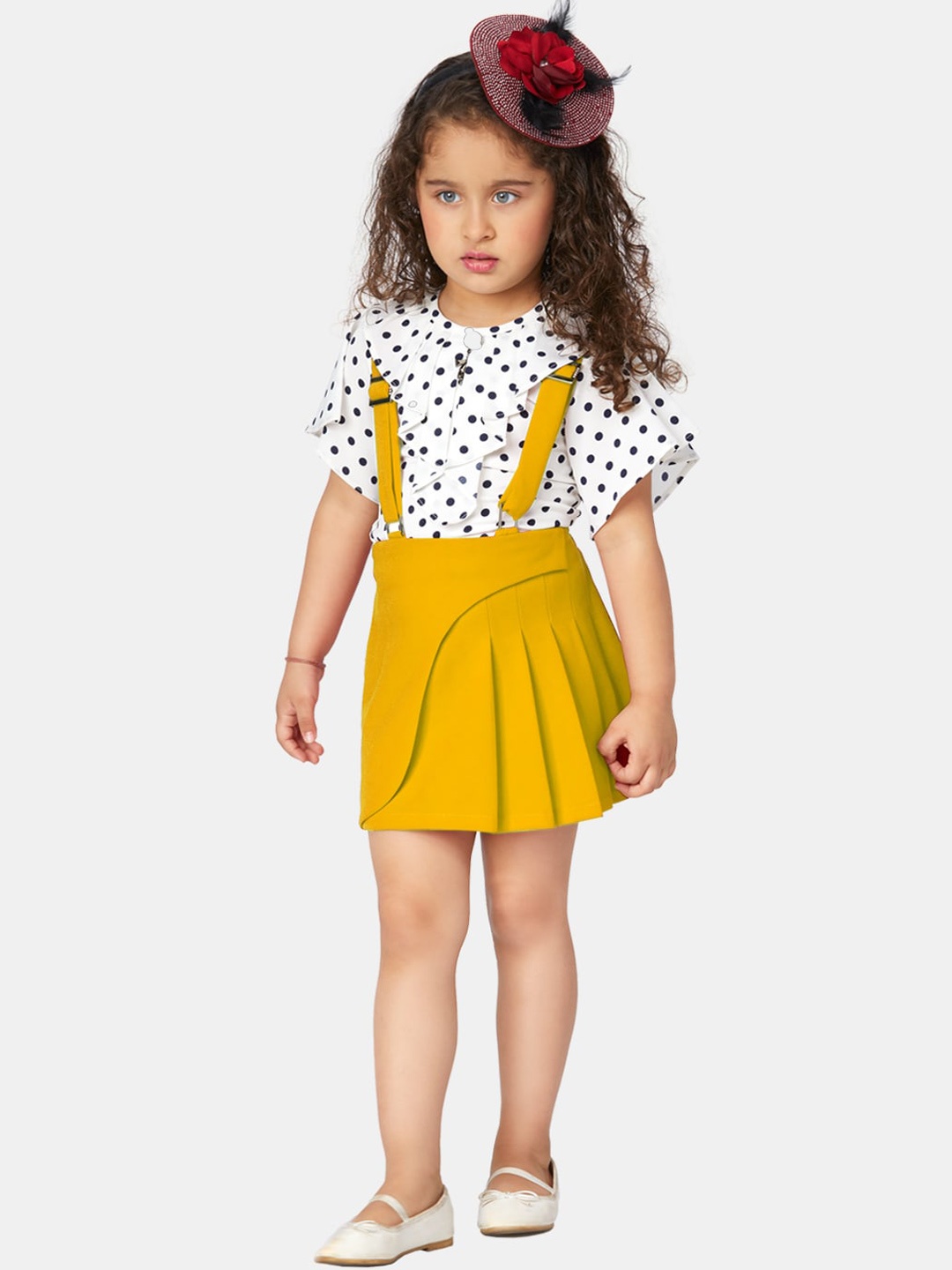 

Peppermint Girls Mustard & White Printed Dungarees with Top