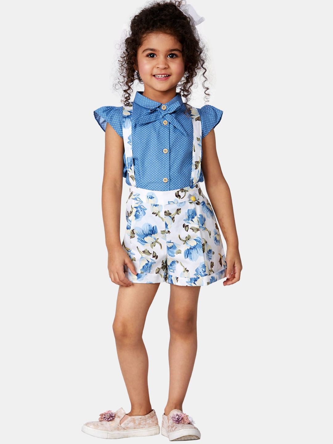

Peppermint Girls Blue & White Floral Printed Dungaree With Top