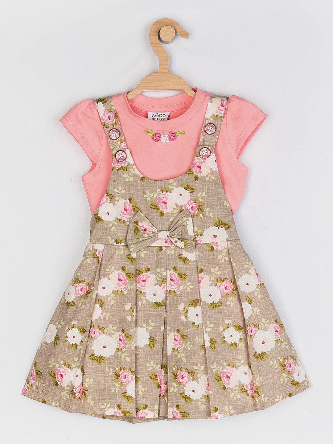 

Peppermint Girls Beige & Pink Printed Pure Cotton Dungaree With Top