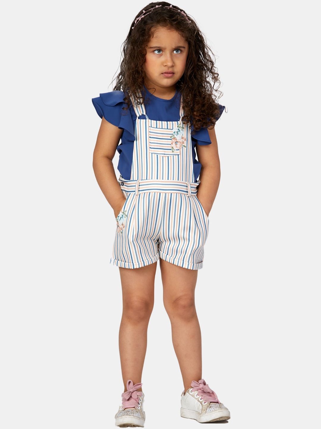 

Peppermint Girls Blue & White Striped Dungaree With Top