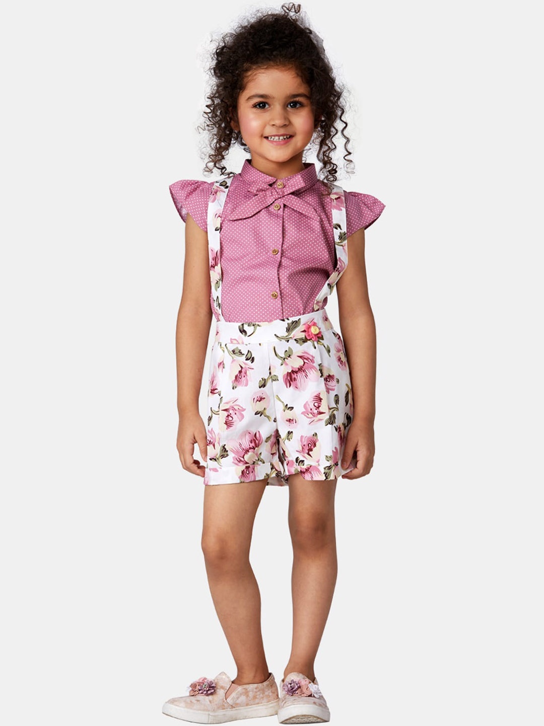 

Peppermint Infants Girls Mauve & White Printed Pure Cotton Dungaree With Top