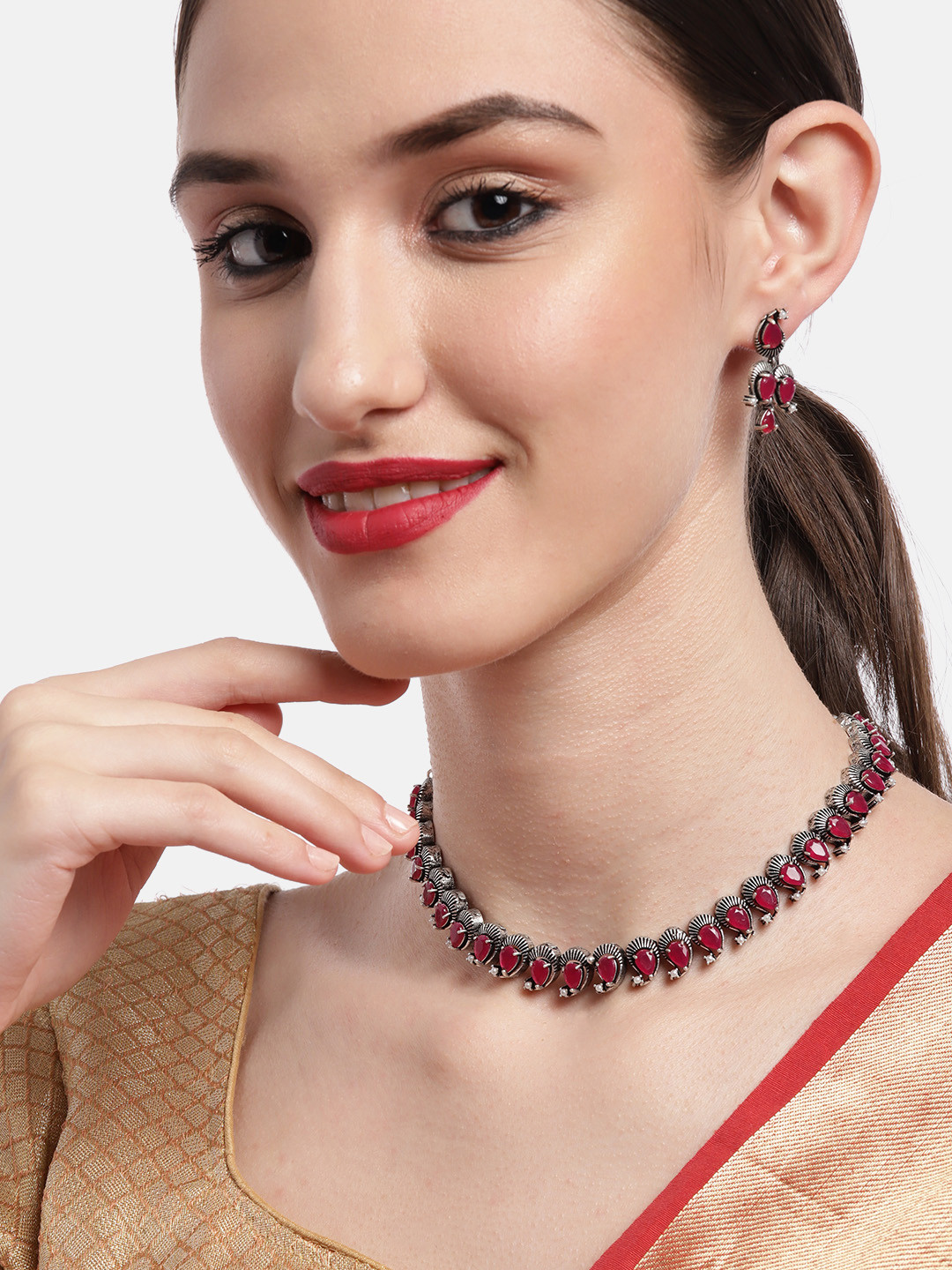 

Ishin Women Silver-Plated Red Stone Studded Oxidised Jewellery Set