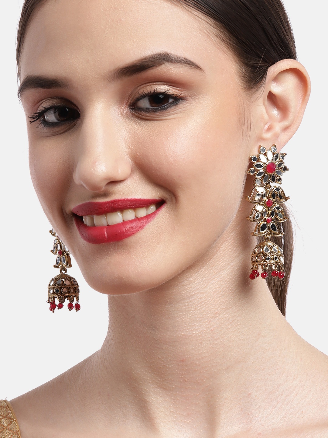 

Ishin Gold-Plated & Red Paisley Shaped Jhumkas Earrings