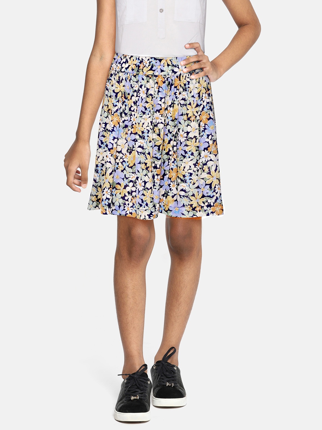 

luyk Girls Blue & White Floral Printed Cotton Mini Flared Skirt