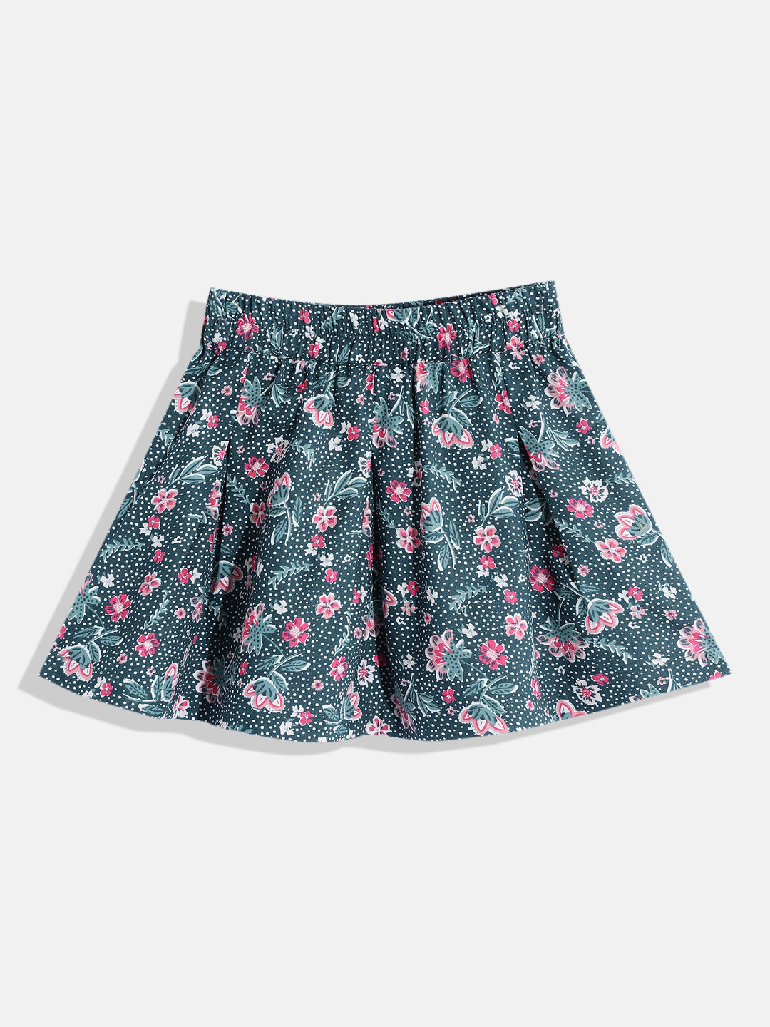 

luyk Girls Teal Green & Pink Floral Printed Cotton Mini Flared Skirt