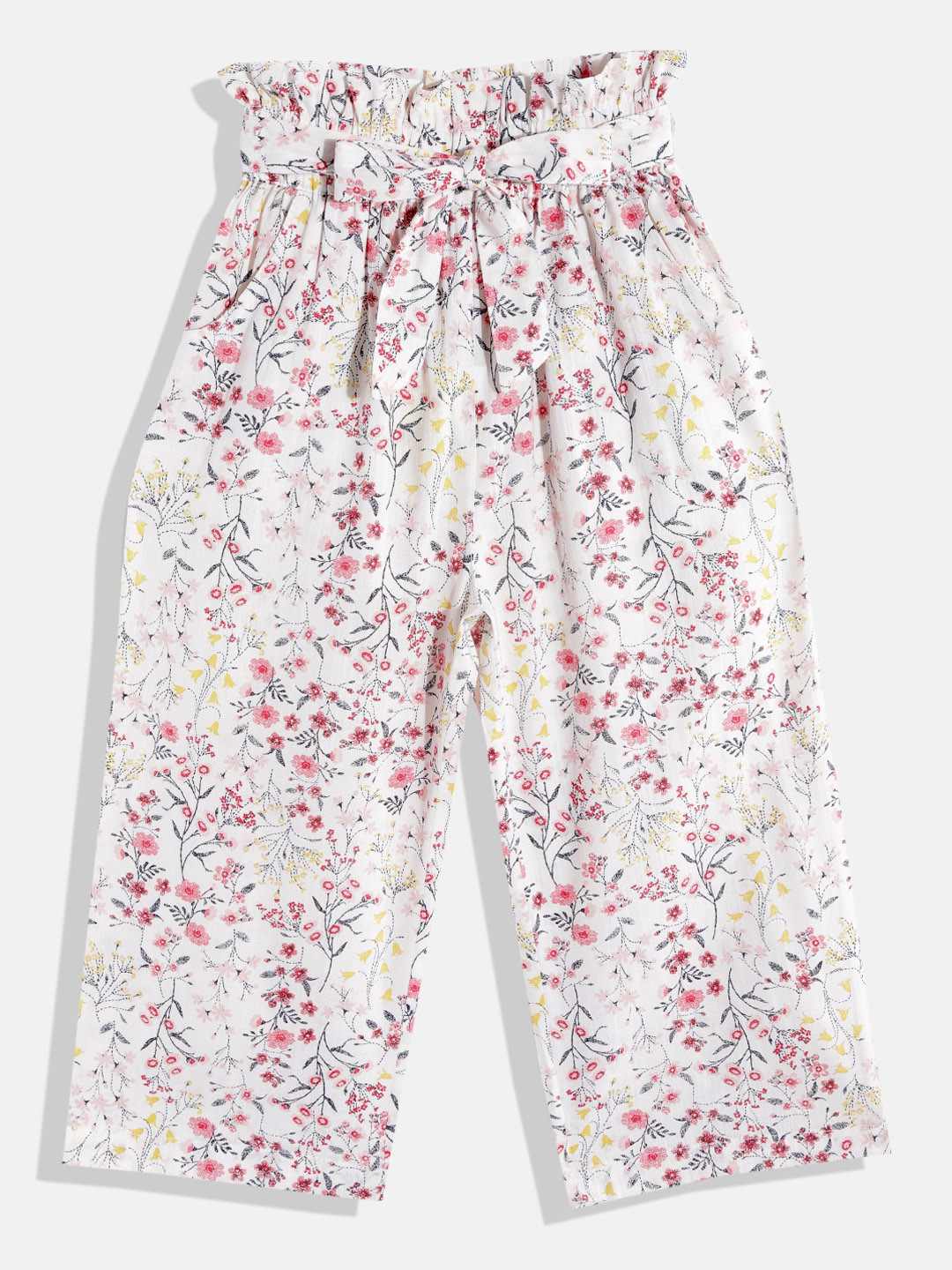 

luyk Girls White & Green Pure Cotton Floral Printed High-Rise Pleated Trousers