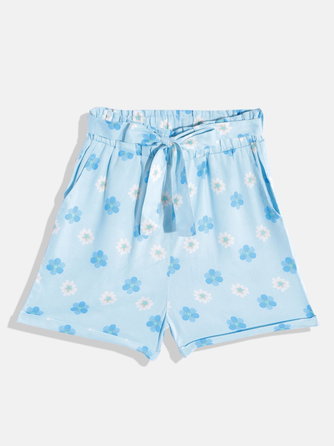 

luyk Girls Blue & White Floral Printed High-Rise Shorts