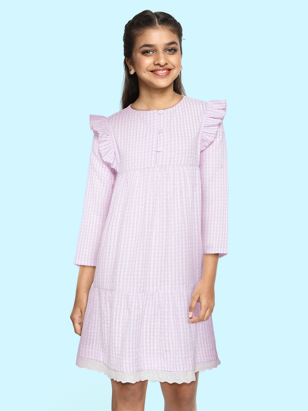 

luyk Girls Lavender & White Checked Seersucker Pure Cotton A-Line Dress