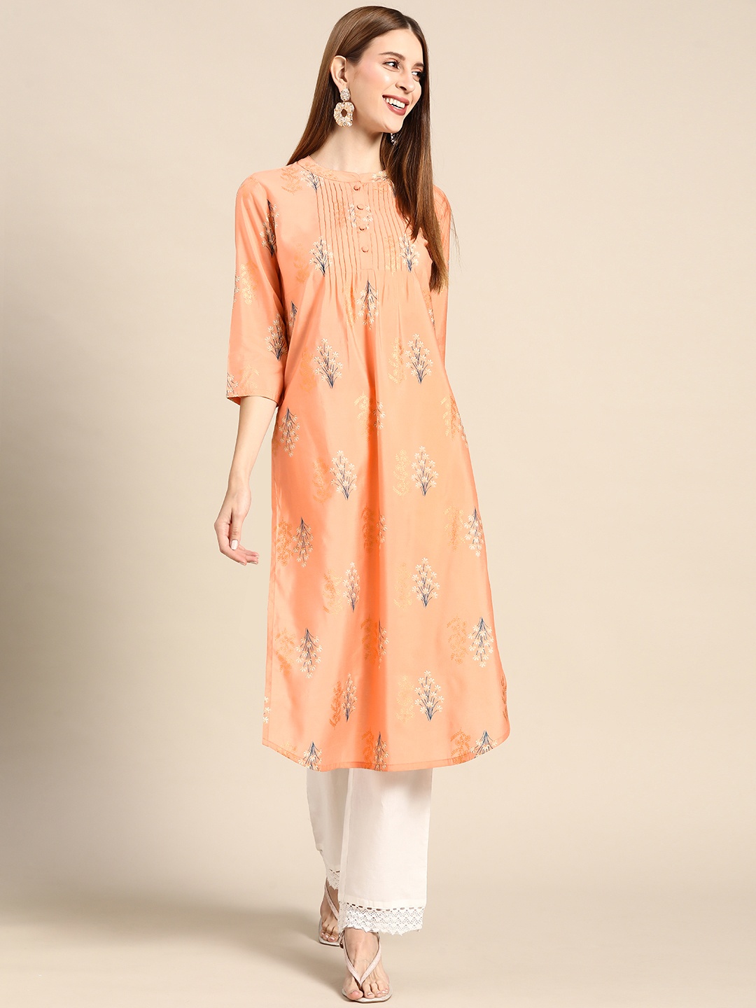 

Anouk Women Peach-Coloured Floral Printed Kurta