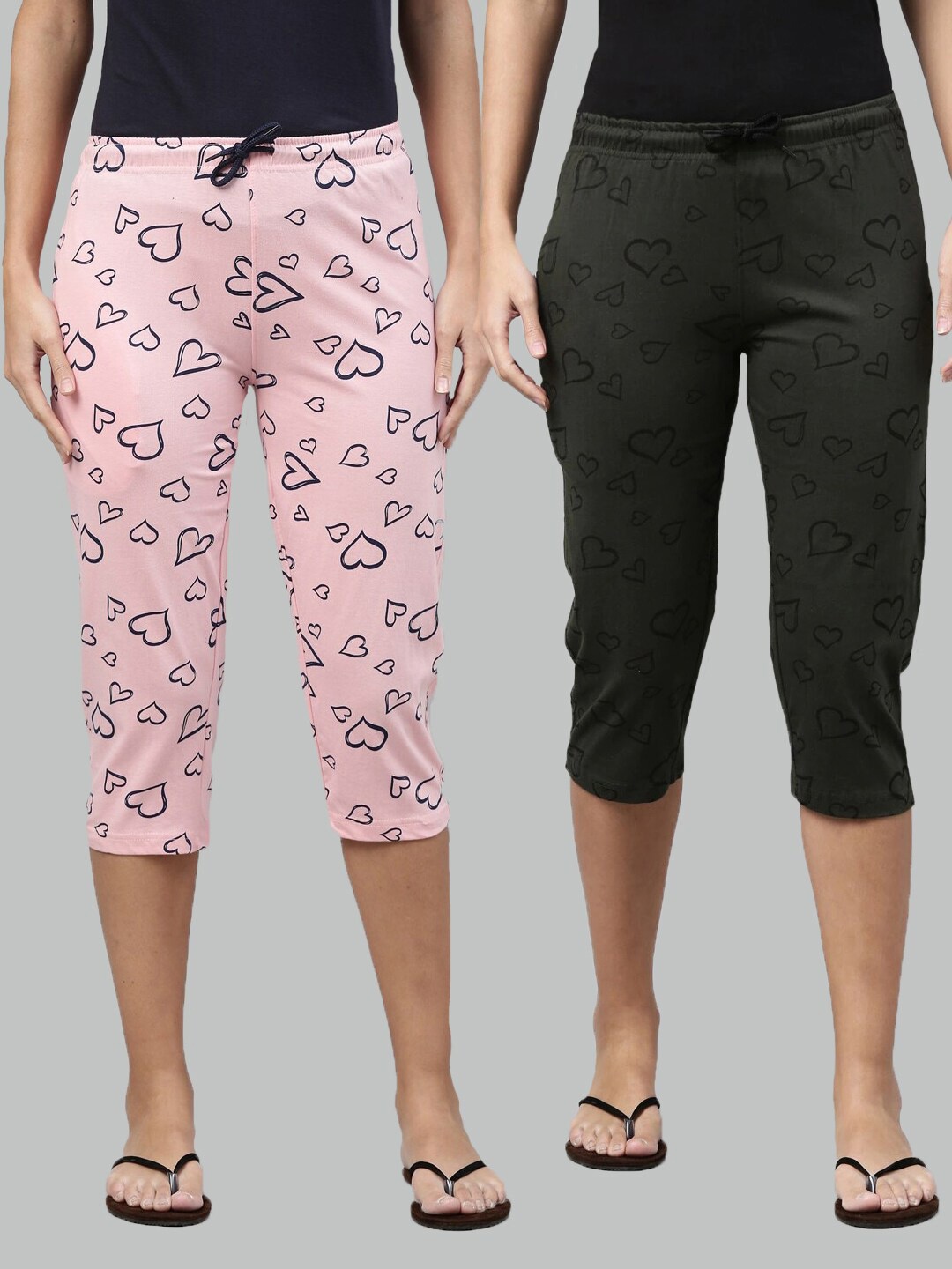 

Kryptic Women Pink & Olive Green Pack of 2 Printed Cotton Capris