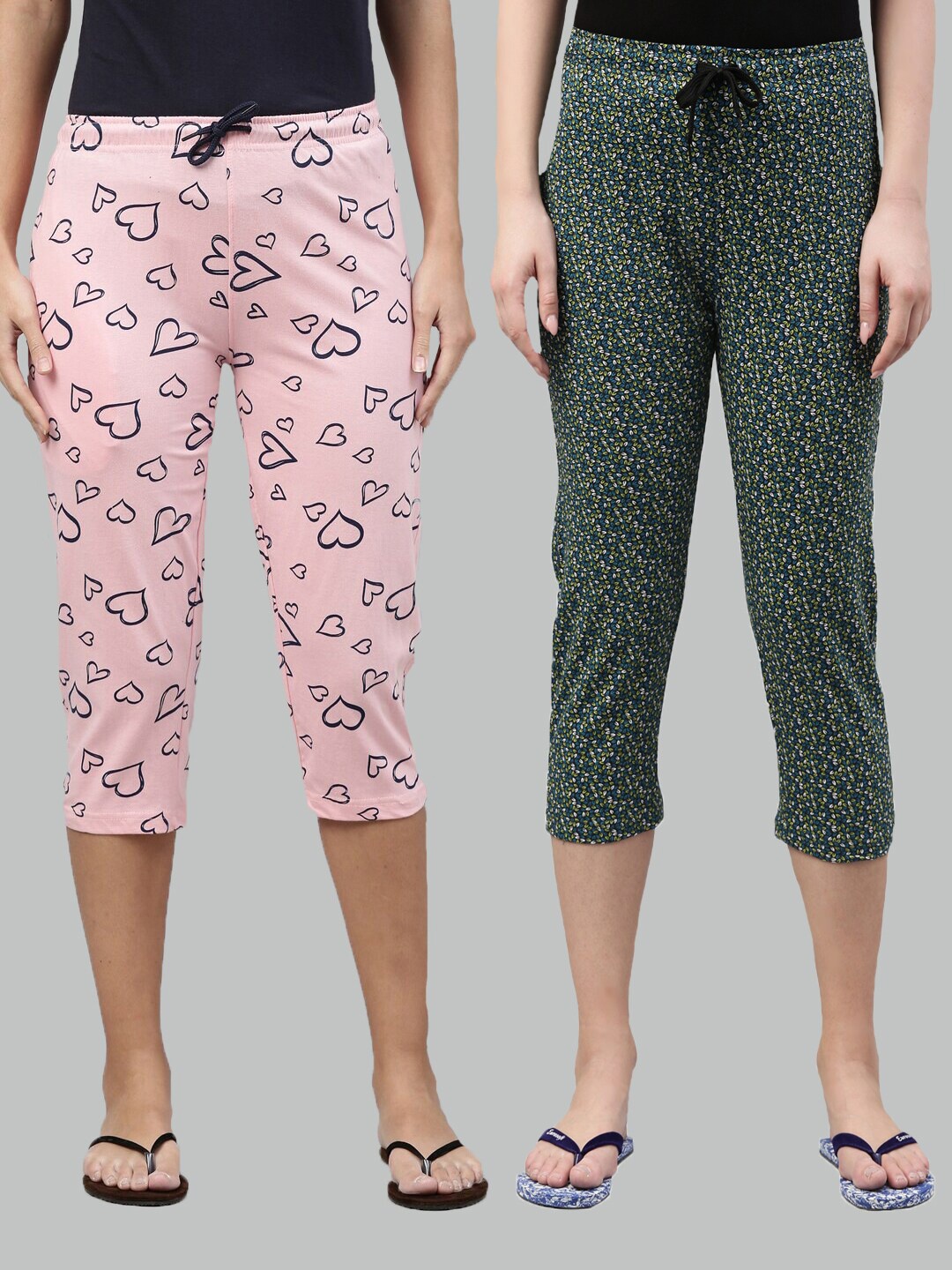 

Kryptic Women Pack of 2 Pink & Green Printed Cotton Capris
