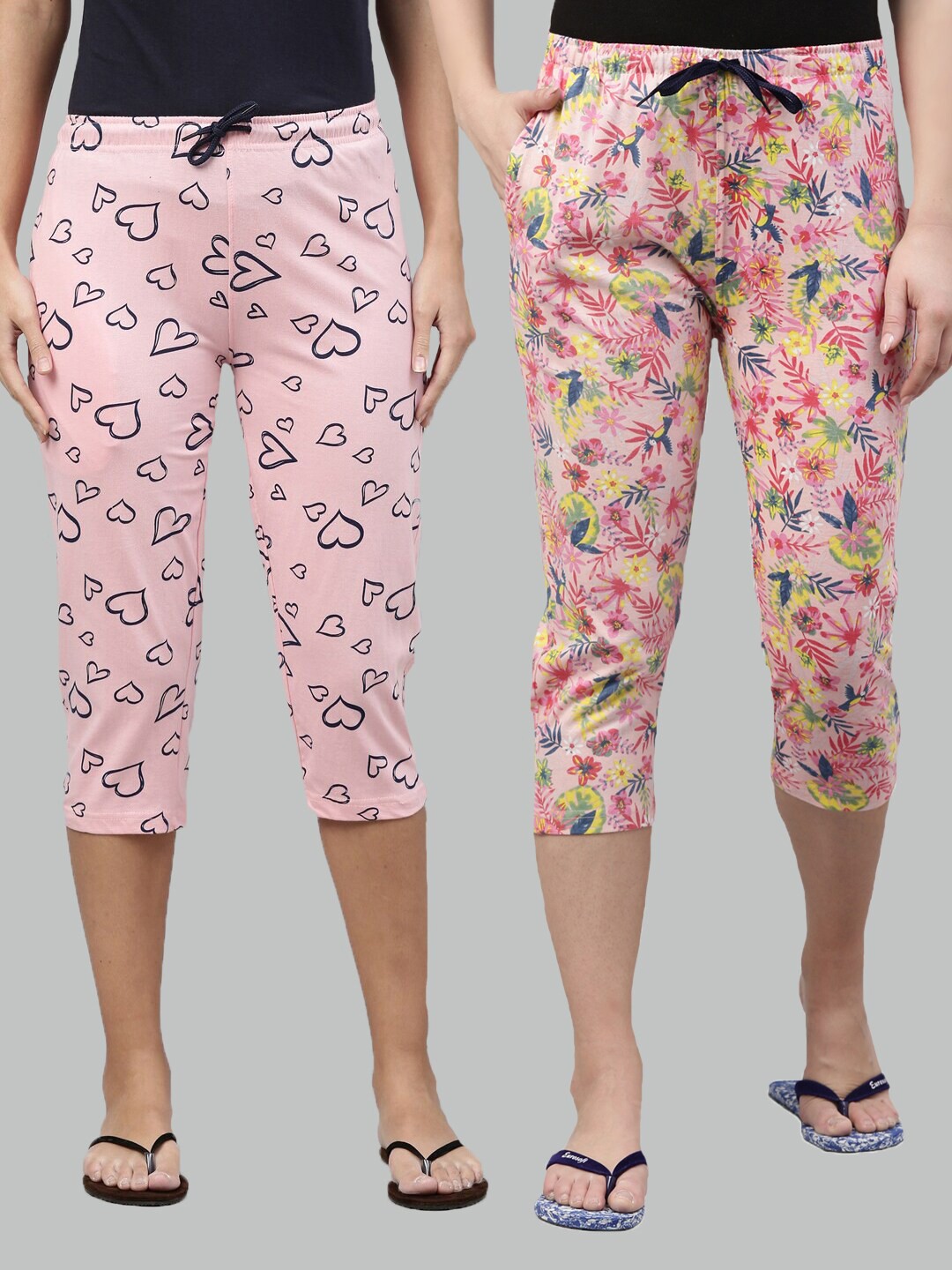 

Kryptic Women Pack of 2 Pink & Yellow Printed Pure Cotton Capris