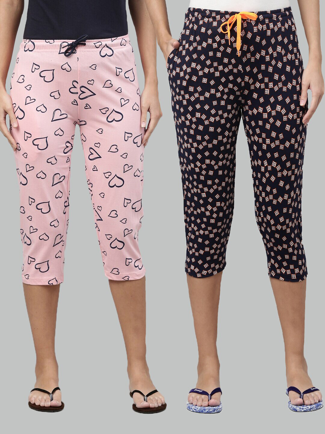 

Kryptic Women Pink & Navy Blue Set of 2 Printed Cotton Capris