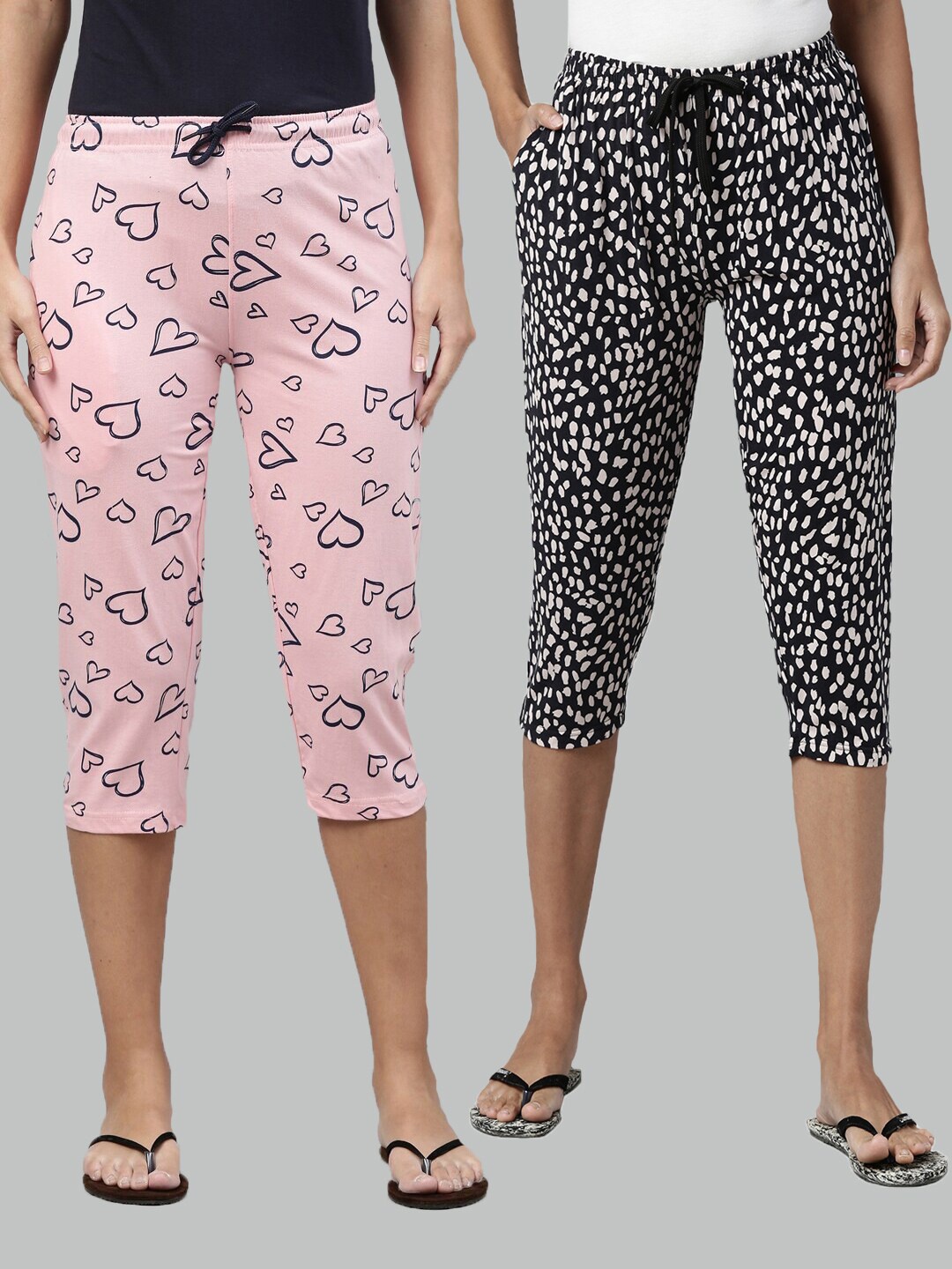 

Kryptic Women Pink & Navy Blue Set of 2 Printed Cotton Capris