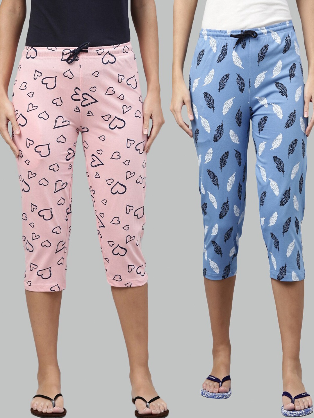 

Kryptic Women Pack of 2 Pink & Blue Printed Pure Cotton Capris