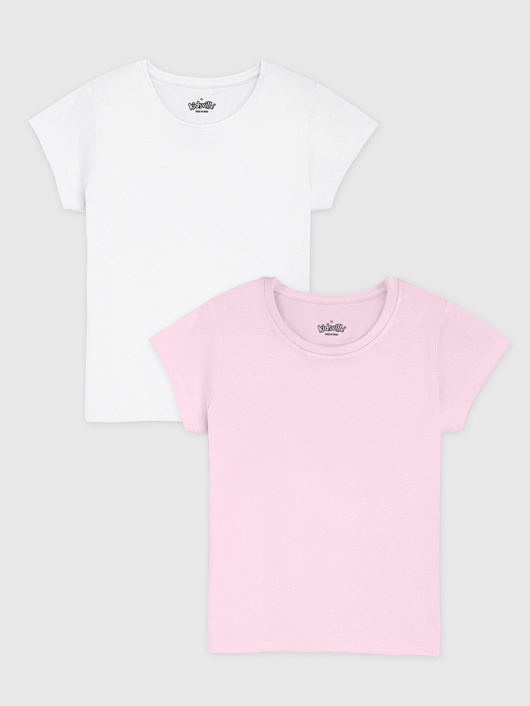 

Kids Ville Girls White & Pink Set Of 2 Round-Neck T-shirt