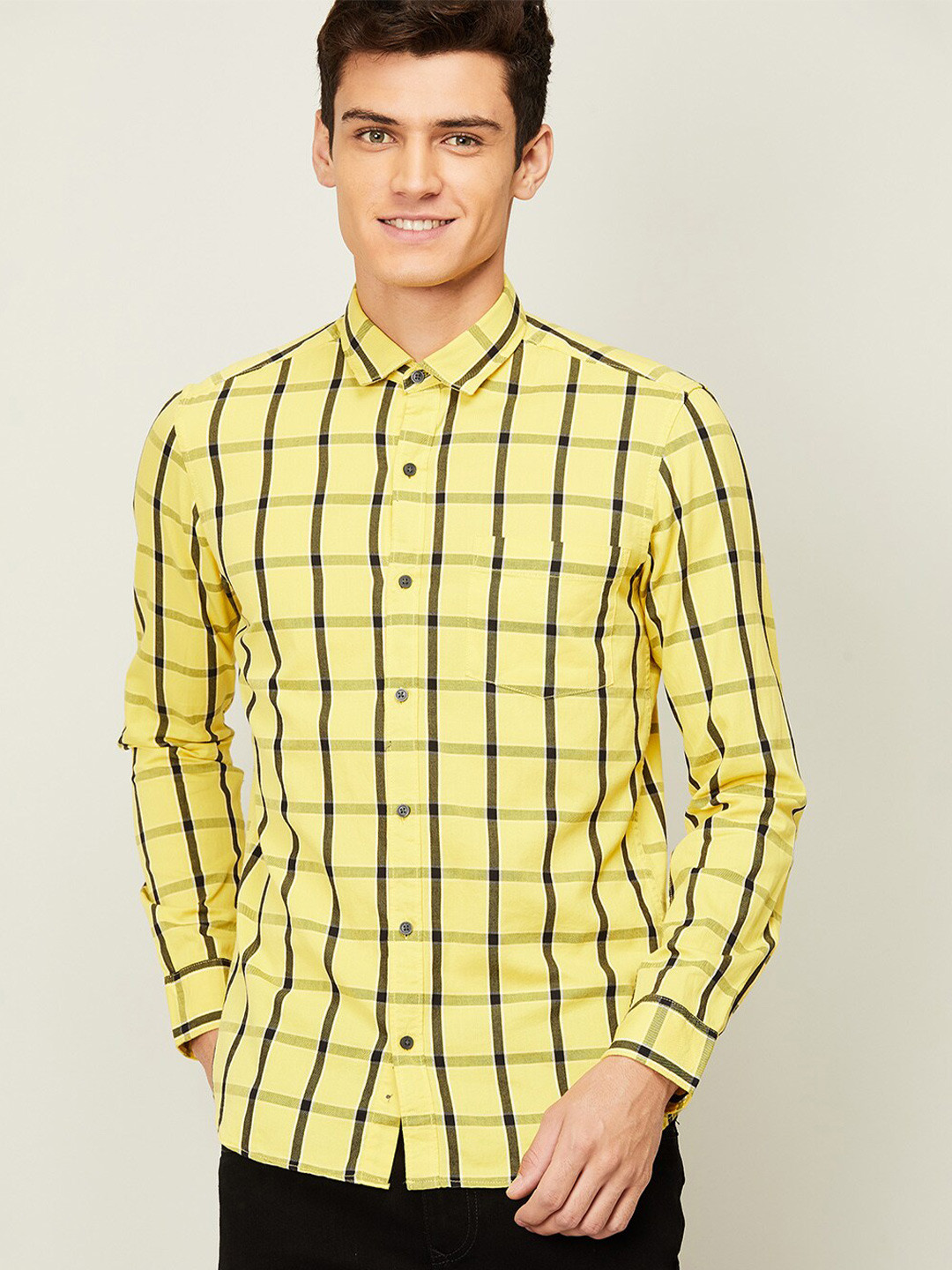 

Bossini Men Yellow Windowpane Checks Checked Casual Shirt