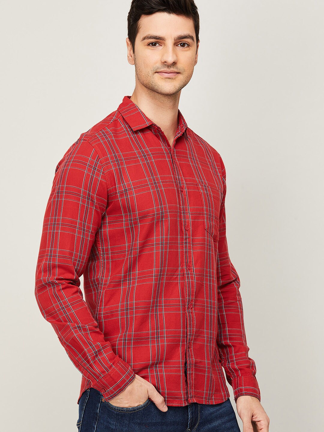 

Bossini Men Red Tartan Checks Checked Casual Shirt