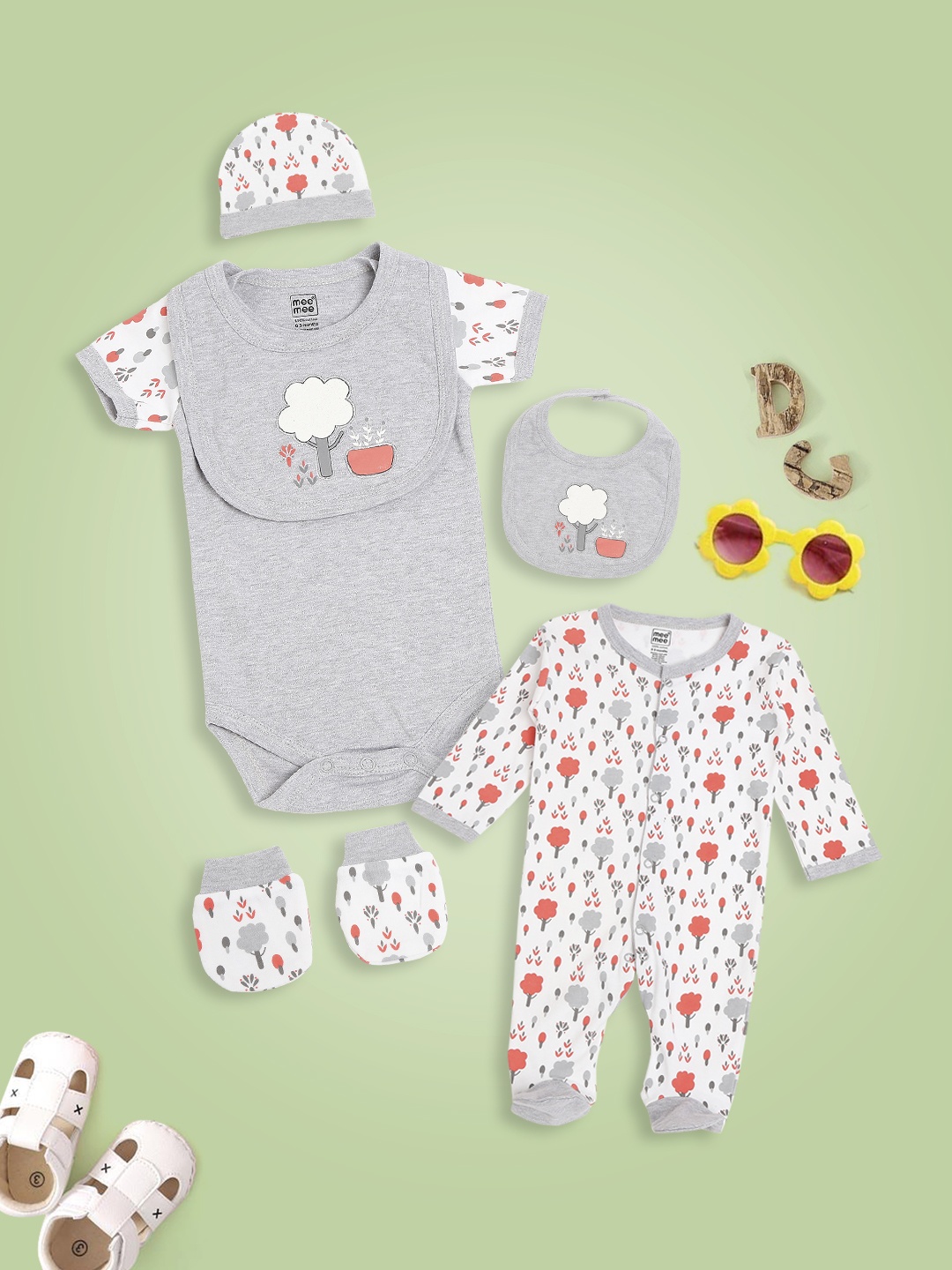 

MeeMee Infant Grey & White Printed Cotton Baby Apparel Gift Set, Grey melange