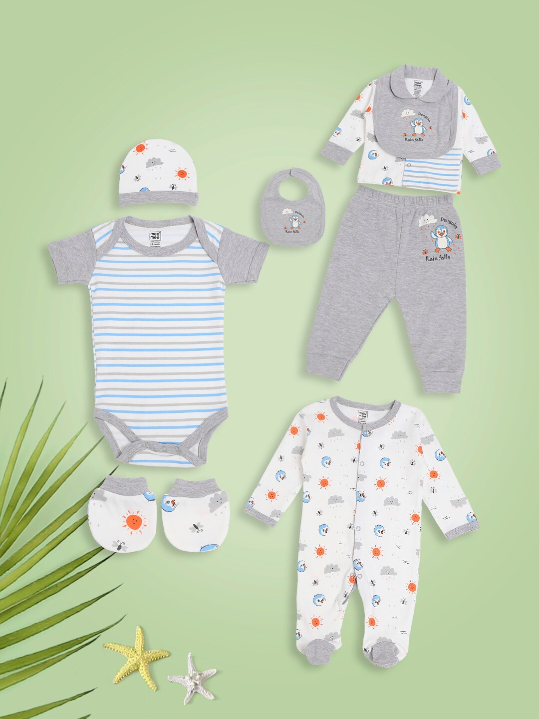 

MeeMee Unisex Infant 7 Pieces Grey Melange & White Printed Baby Apparel Gift Set
