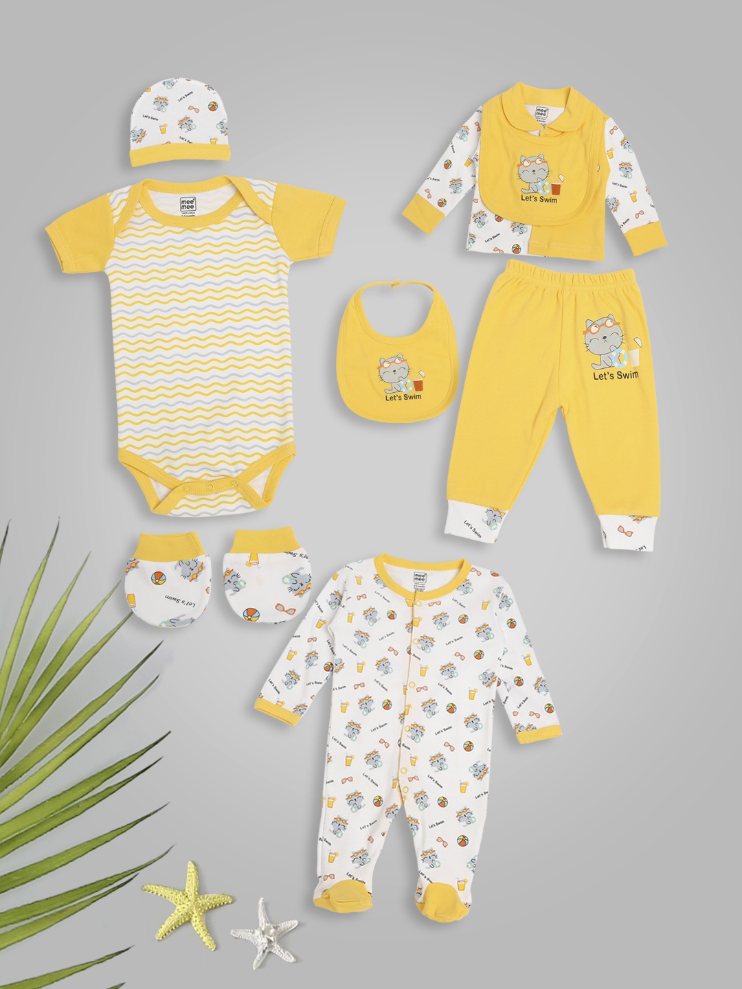 

MeeMee White & Yellow Printed Pure Cotton Baby Apparel Gift Set