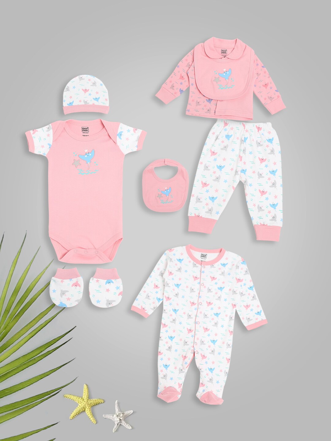 

MeeMee Unisex Infant 7 Pieces Pink & White Printed Baby Apparel Gift Set