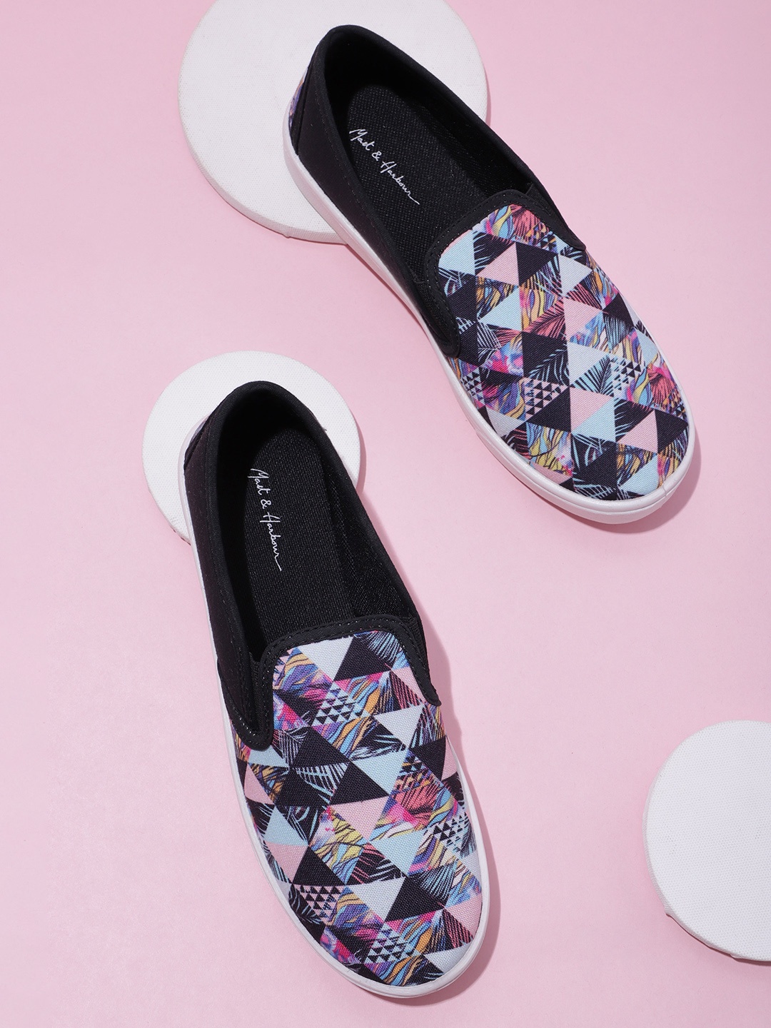 

Mast & Harbour Women Geometric & Tropical Printed Slip-On Sneakers, Black