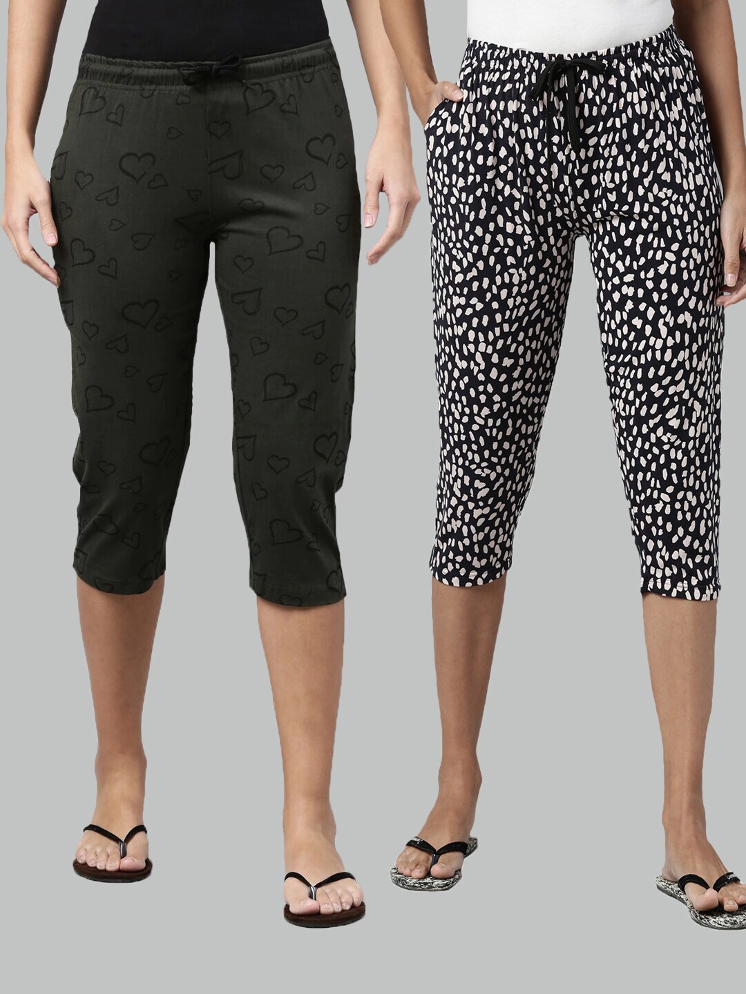 

Kryptic Women Pack of 2 Olive Green & Black Printed Pure Cotton Lounge Capris