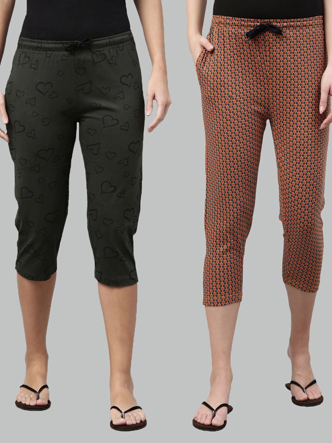 

Kryptic Women Pack of 2 Olive Green & Brown Printed Cotton Capris