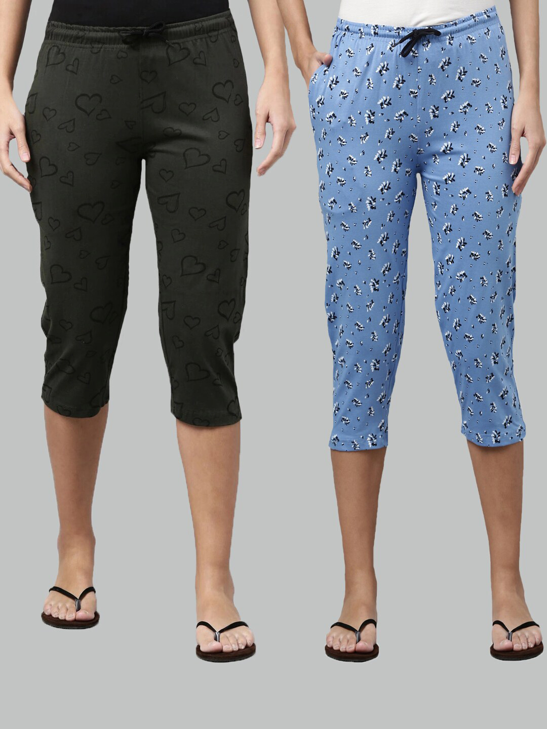 

Kryptic Women Pack of 2 Olive Green & Blue Printed Pure Cotton Capris