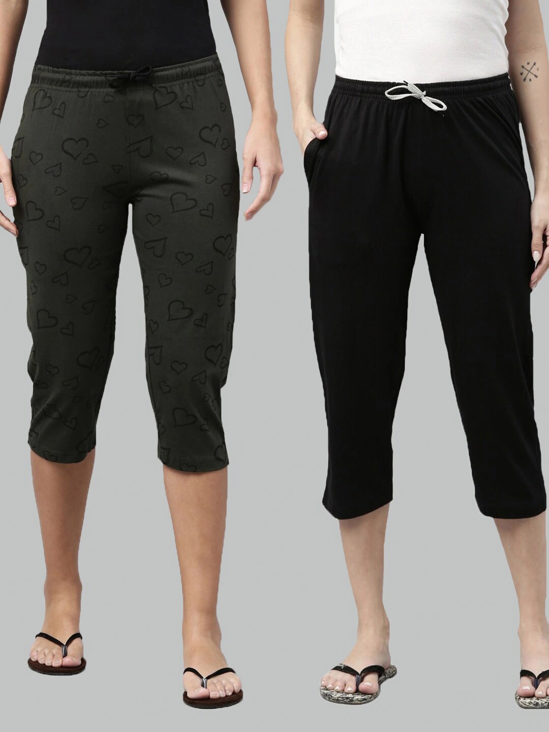 

Kryptic Women Olive Green & Black Printed Pure Cotton Capris Pack Of 2
