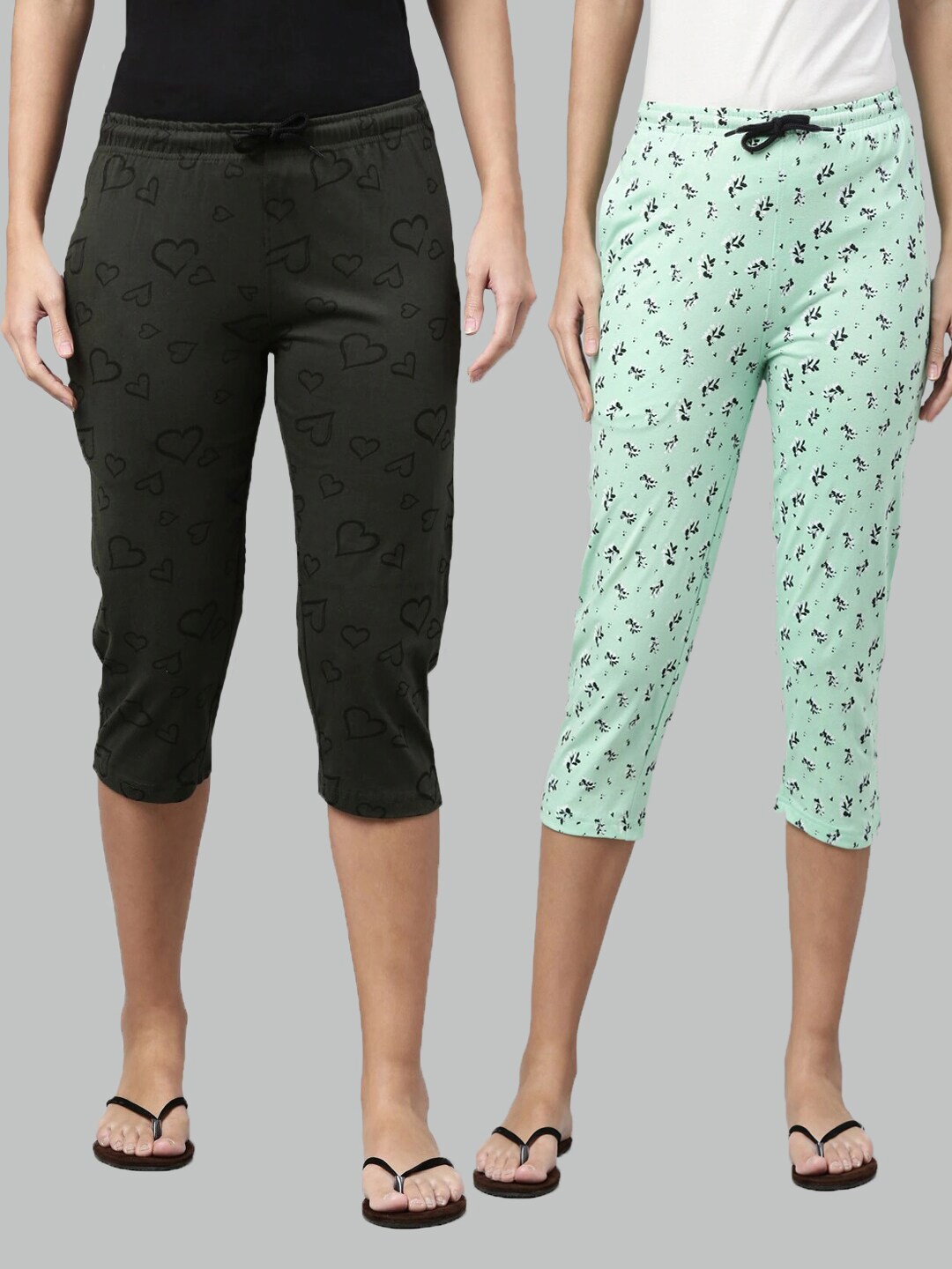 

Kryptic Women Pack of 2 Green & Olive Green Printed Pure Cotton Capris