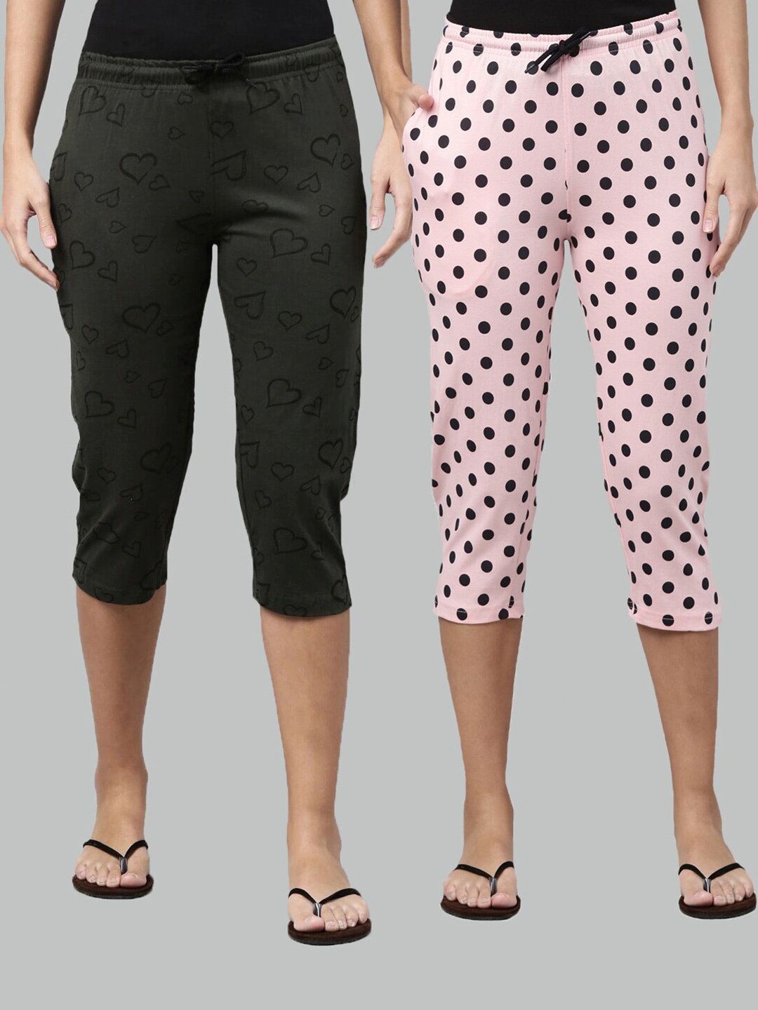 

Kryptic Women Olive Green & Pink Pack Of 2 Pure Cotton Printed Capris