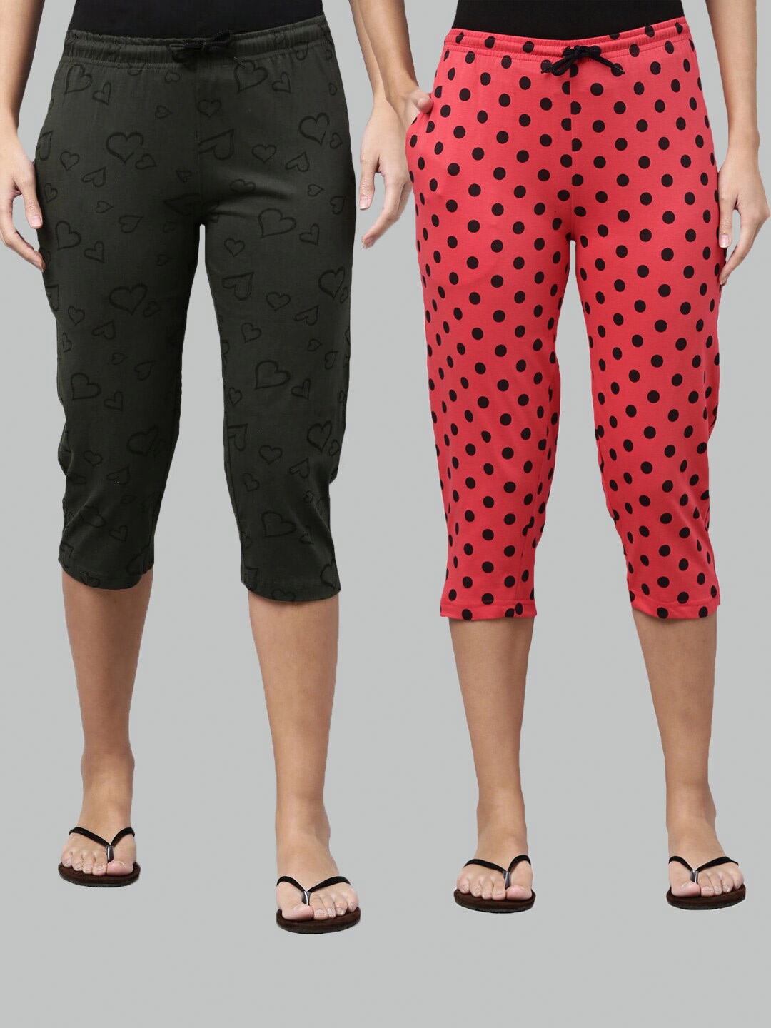 

Kryptic Women Set Of 2 Olive Green & Fuchsia Slim Fit Pink Printed Cotton Capris