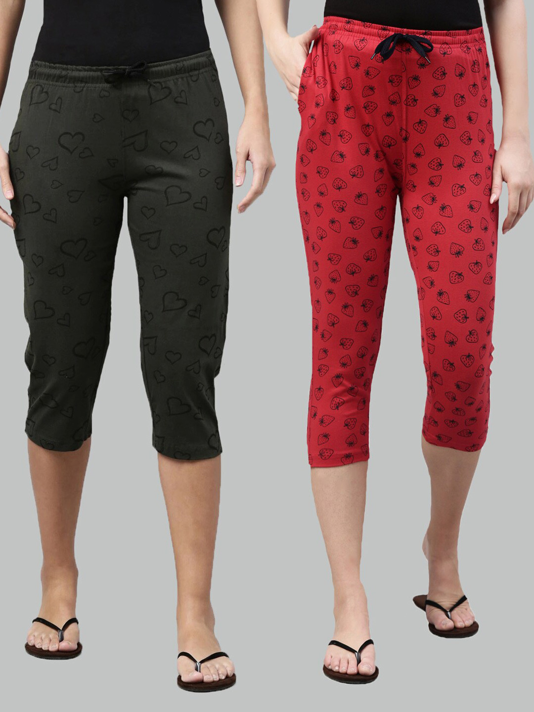 

Kryptic Women Olive Green & Red Set Of 2 Pure Cotton Printed Capris