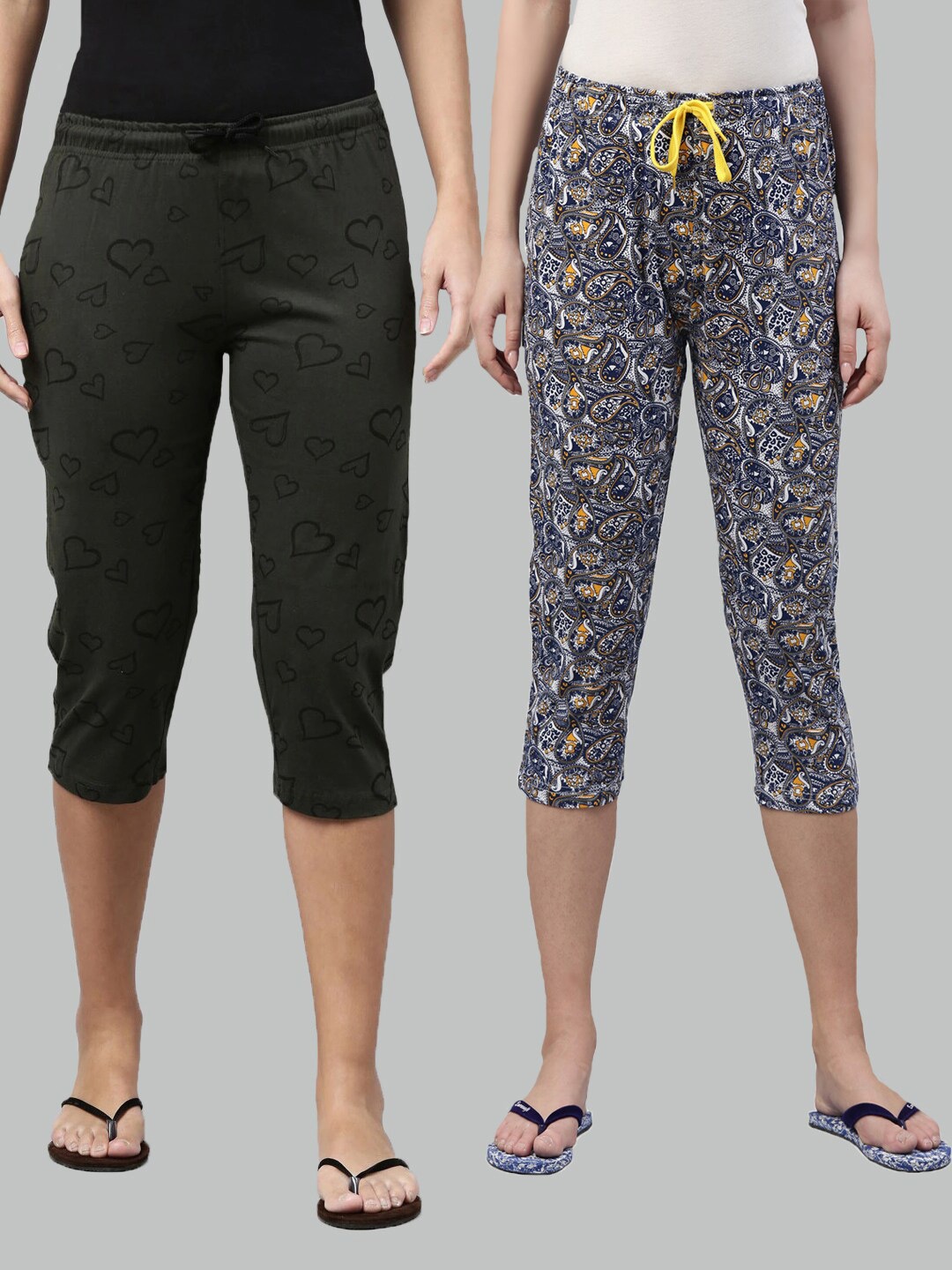 

Kryptic Women Pack of 2 Olive Green Printed Pure Cotton Capris