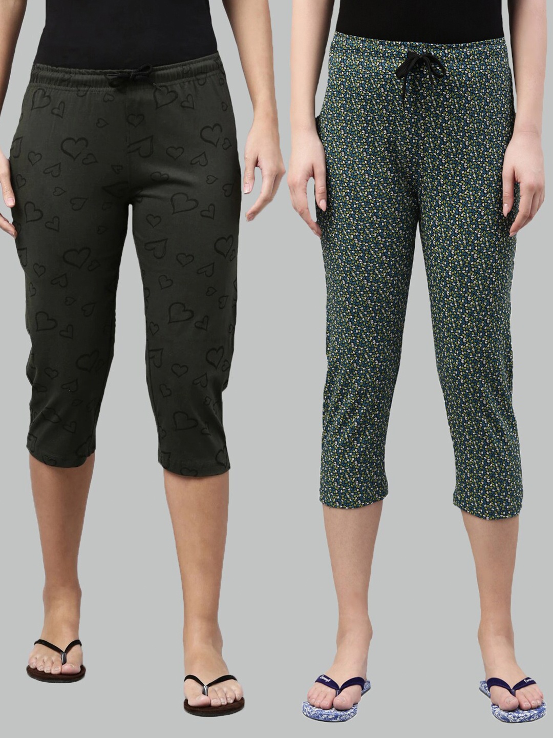 

Kryptic Women Pack of 2 Olive Green & Green Printed Cotton Capris
