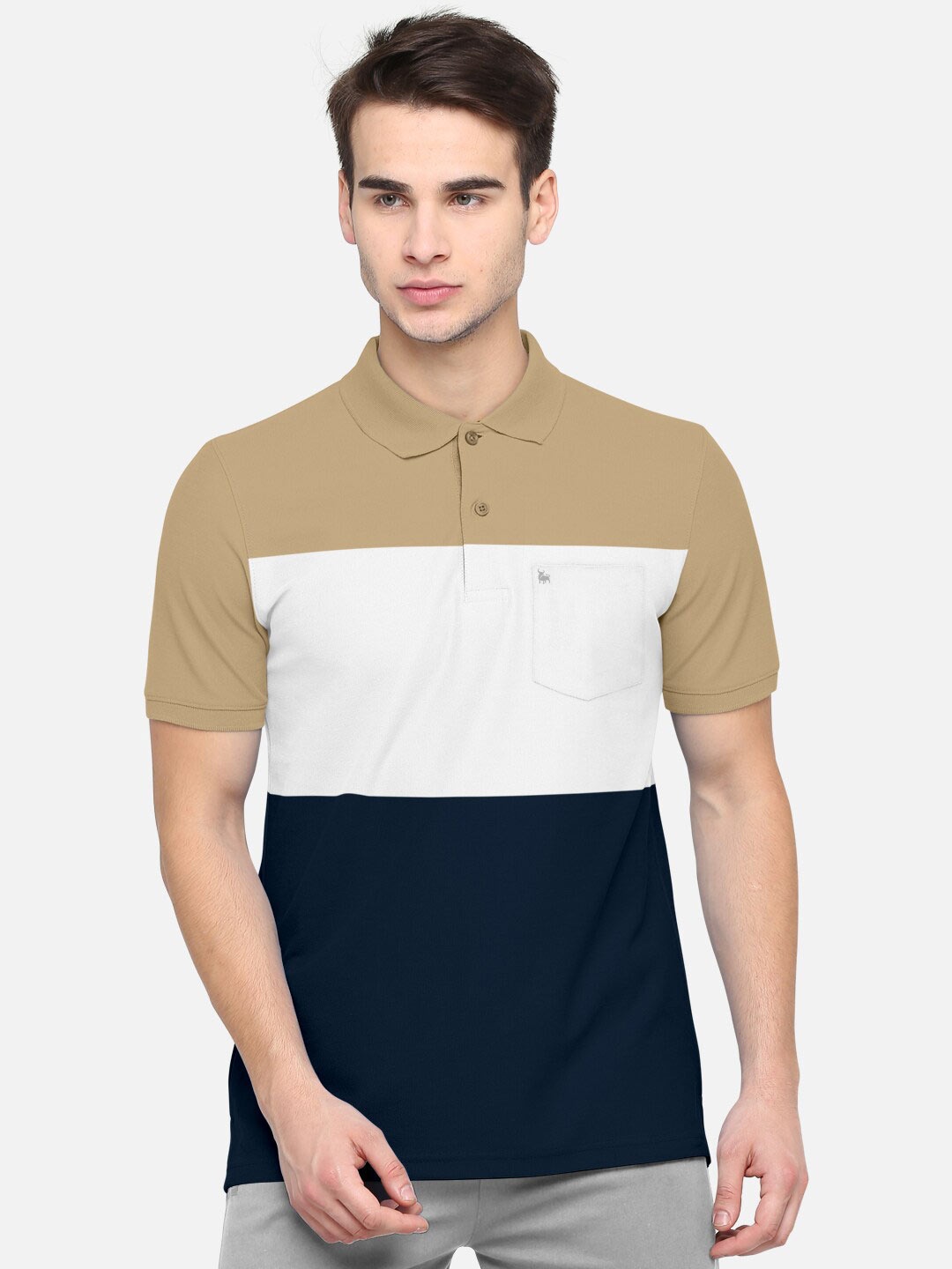 

BULLMER Men Beige & White Colourblocked Polo Collar Bio Finish Cotton T-shirt