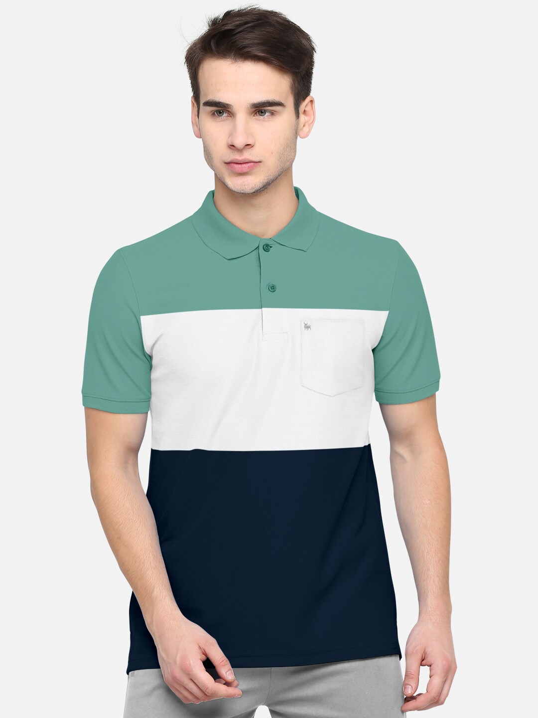 

BULLMER Men Green & White Colourblocked Polo Collar Bio Finish Cotton T-shirt