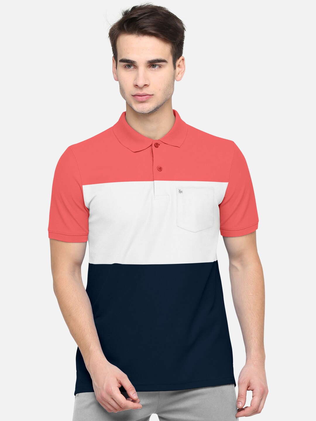 

BULLMER Men Coral & Black Colourblocked Polo Collar Bio Finish Cotton T-shirt