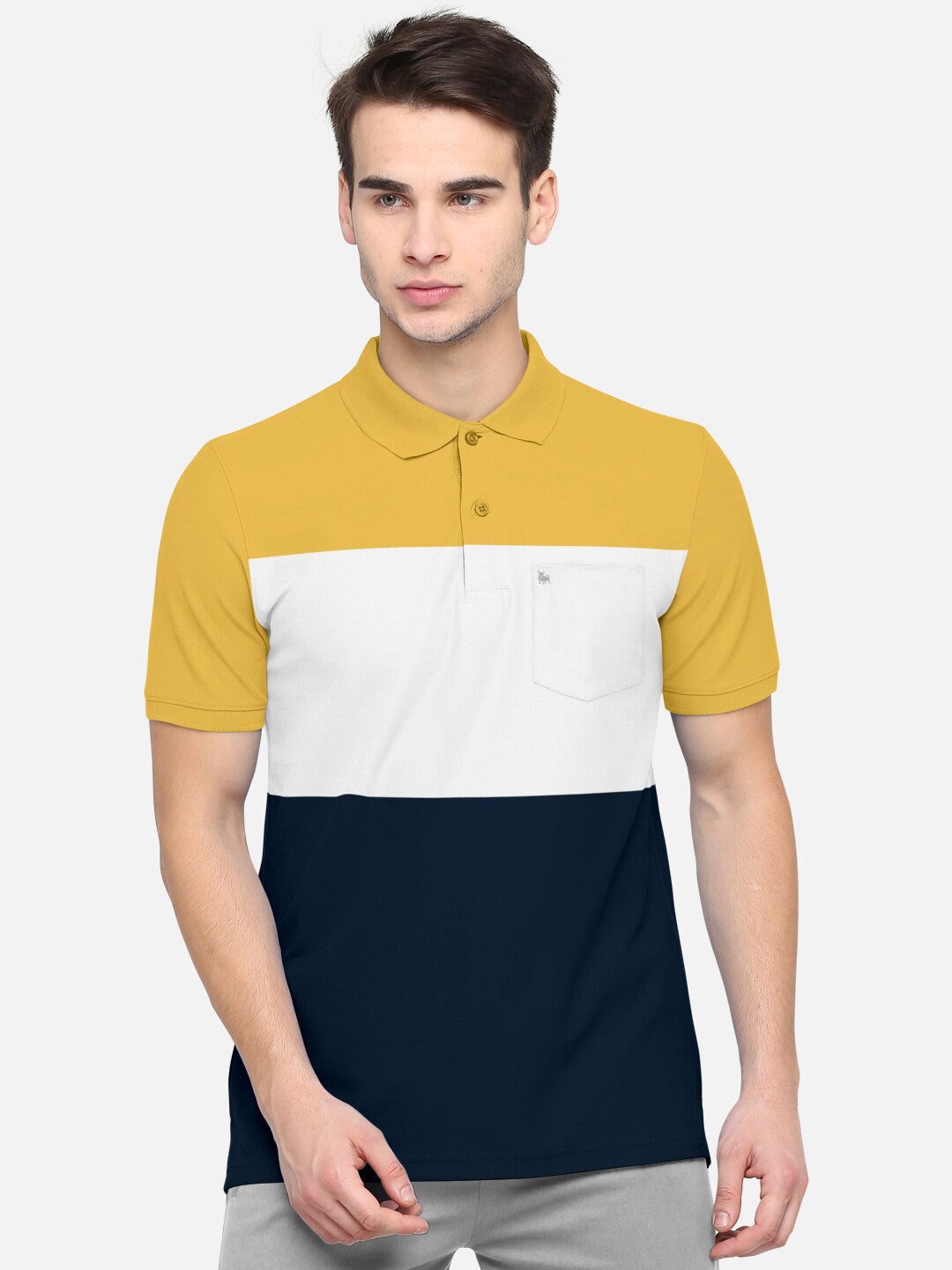 

BULLMER Men Mustard Yellow & White Colourblocked Polo Collar Bio Finish Cotton T-shirt