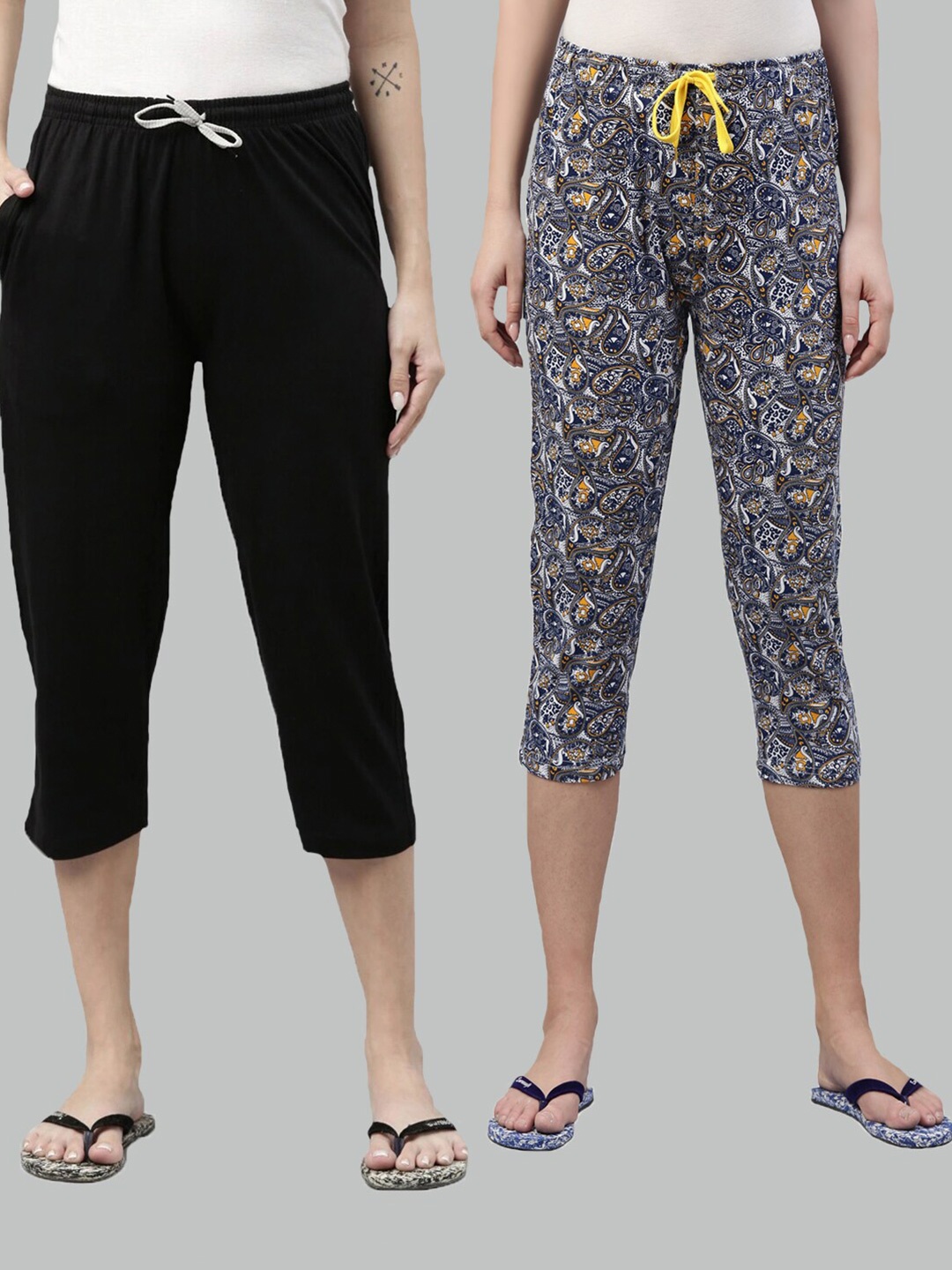 

Kryptic Women Black & Blue Set of 2 Printed Cotton Capris
