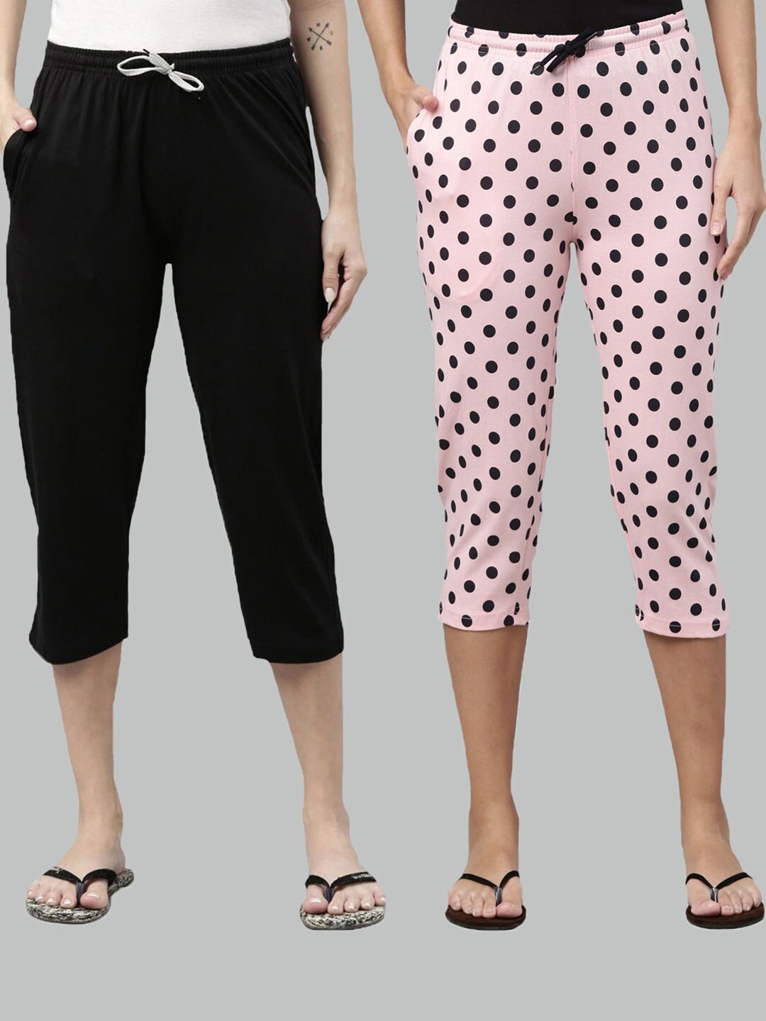 

Kryptic Women Black & Pink Set of 2 Printed Cotton Capris