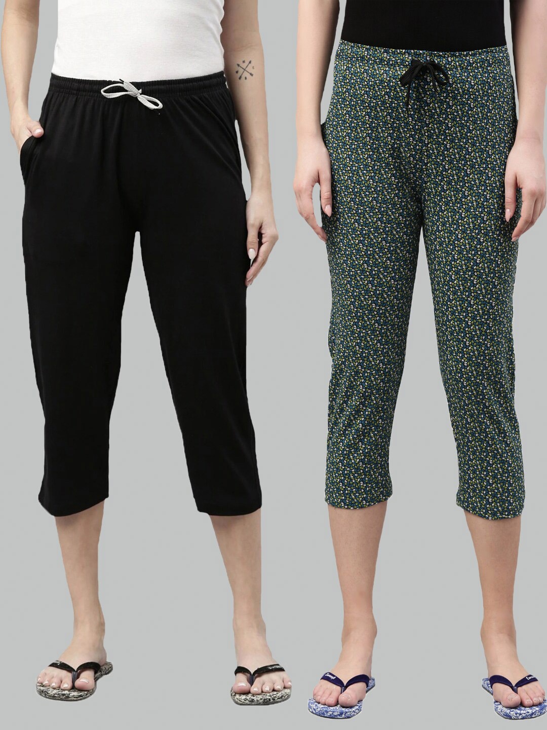 

Kryptic Women Black & Green Printed Pure Cotton Capris Pack Of 2