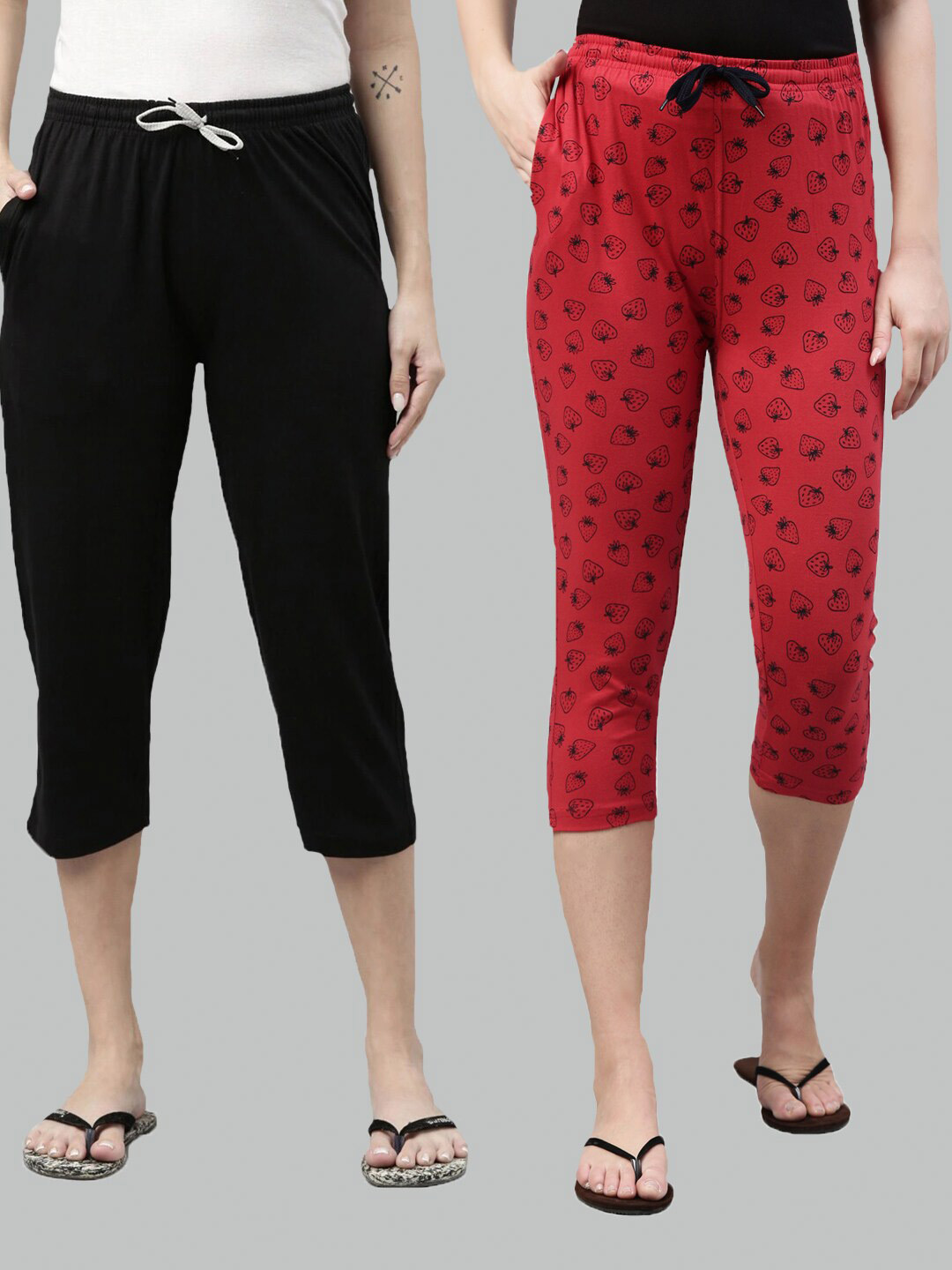

Kryptic Women Black & Red Pack of 2 Printed Cotton Capris